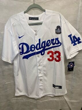 LG White Dodgers Baseball Jersey with Blue Script and Red Number